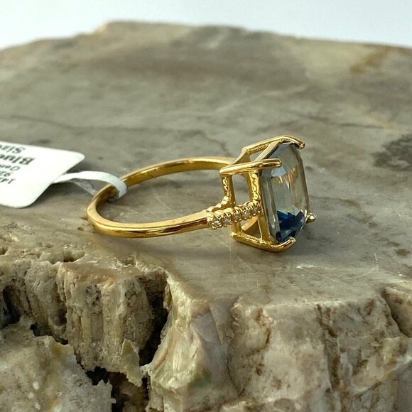 14K Gold Plated Sterling Silver 925 India Emerald Cut Blue Quartz Ring Sz 8.5 - Picture 4 of 16